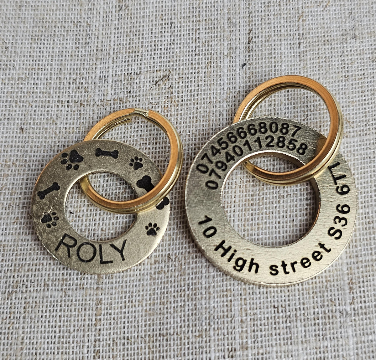 Personalized Solid Brass Pet ID Tag, Round Washer Style, Deep Engraved