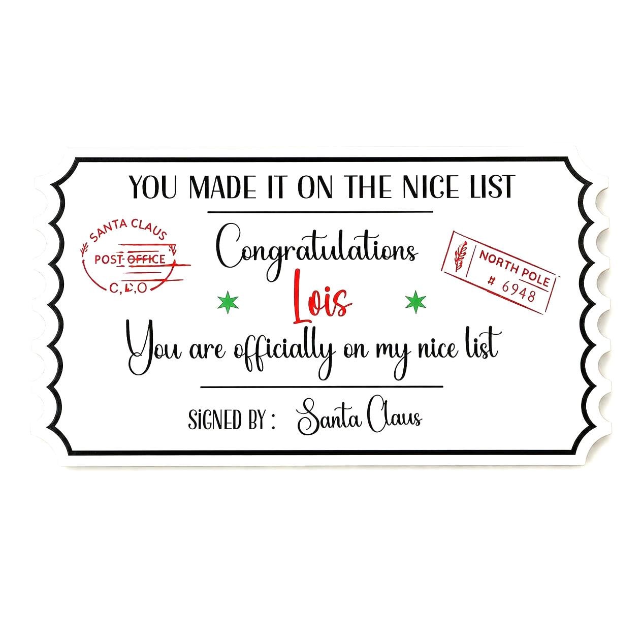 Personalised Christmas Nice List Printed Wooden Ticket: Christmas Eve Box Filler