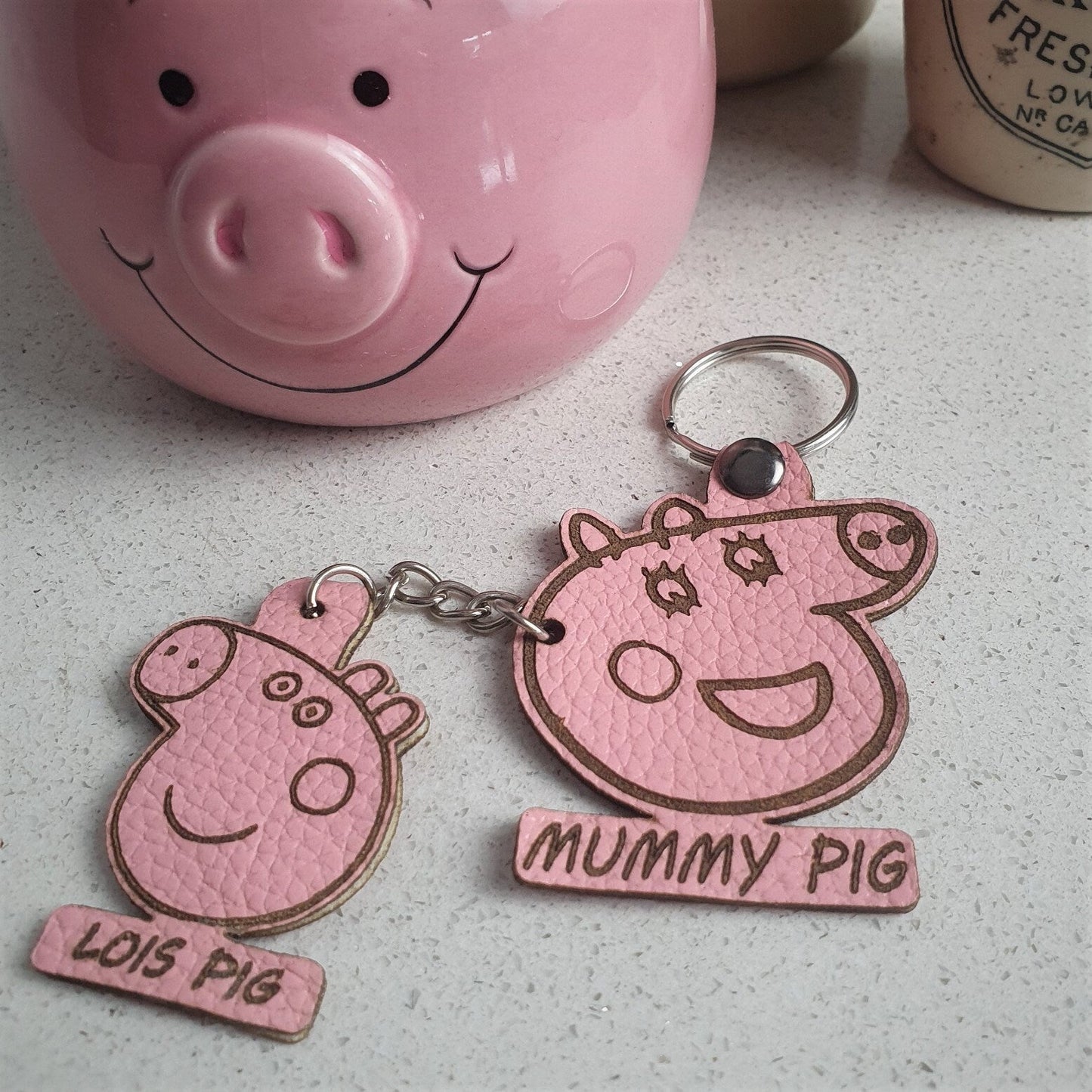 Mummy Pig Faux Leather Keyring with Baby Pig - Slice of Wild