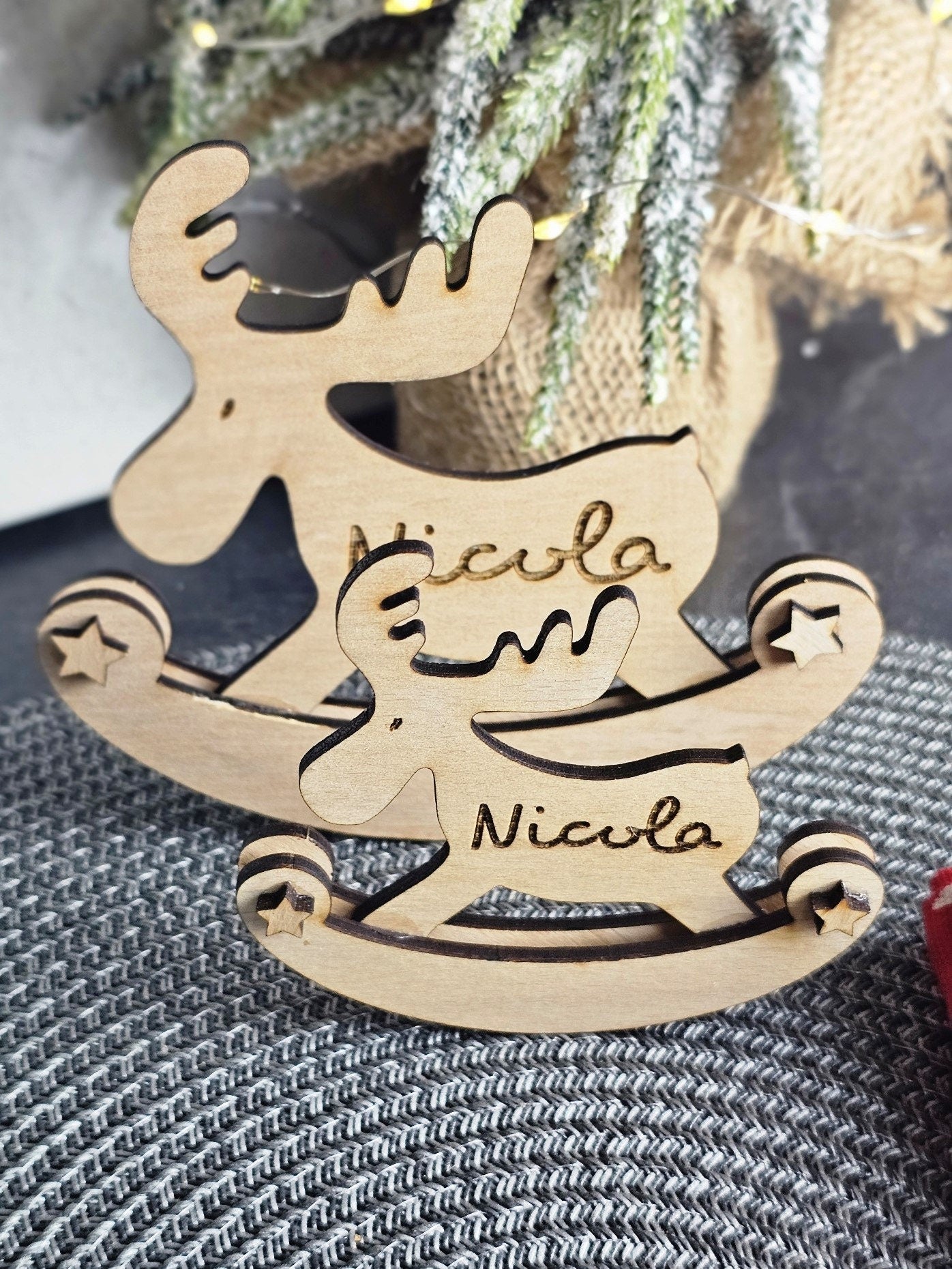 Rocking Reindeer Personalised ornament - Table place setting - Christmas Gift - stocking filler - Slice of Wild