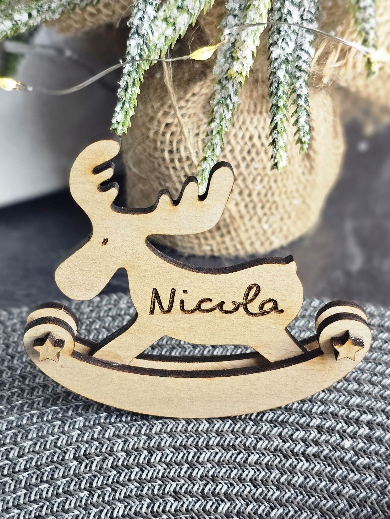 Rocking Reindeer Personalised ornament - Table place setting - Christmas Gift - stocking filler - Slice of Wild