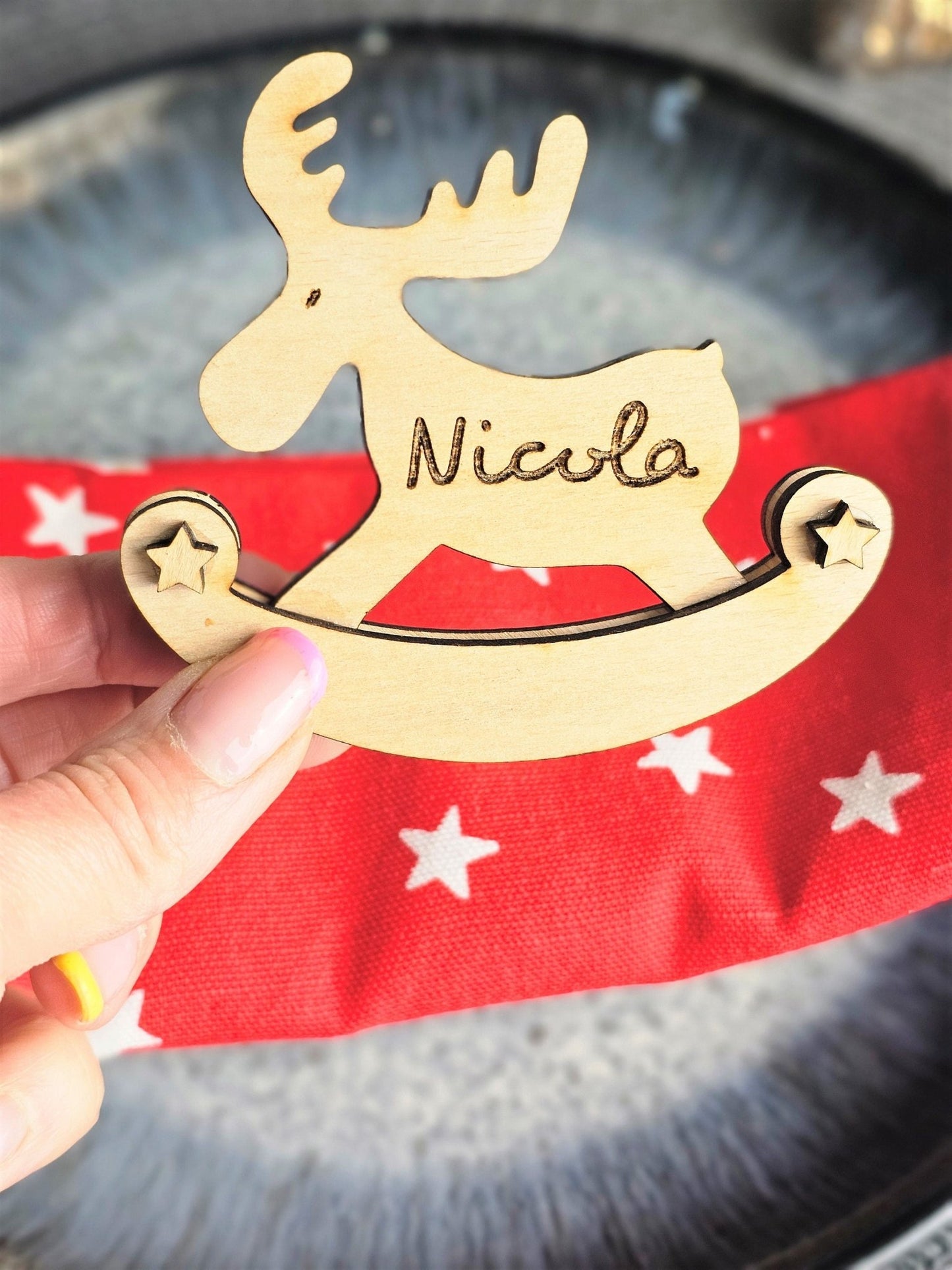Rocking Reindeer Personalised ornament - Table place setting - Christmas Gift - stocking filler - Slice of Wild