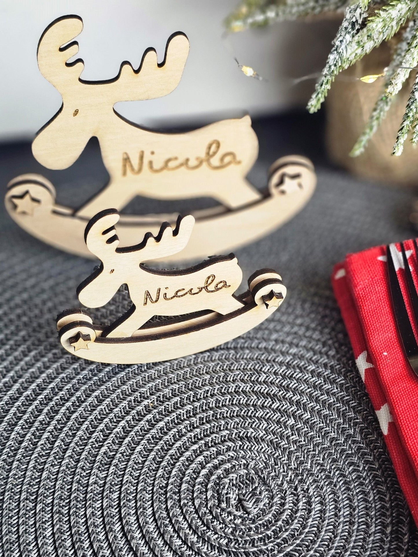 Rocking Reindeer Personalised ornament - Table place setting - Christmas Gift - stocking filler - Slice of Wild