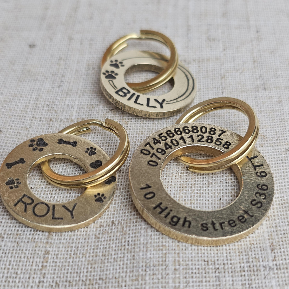 Personalized Solid Brass Pet ID Tag, Round Washer Style, Deep Engraved