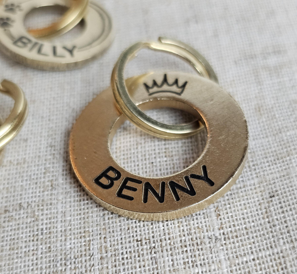 Personalized Solid Brass Pet ID Tag, Round Washer Style, Deep Engraved