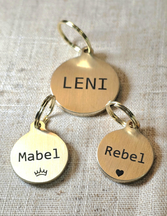 Round Solid Brass Dog Tag, Smaller size for small dogs or puppies. Deep Engraved