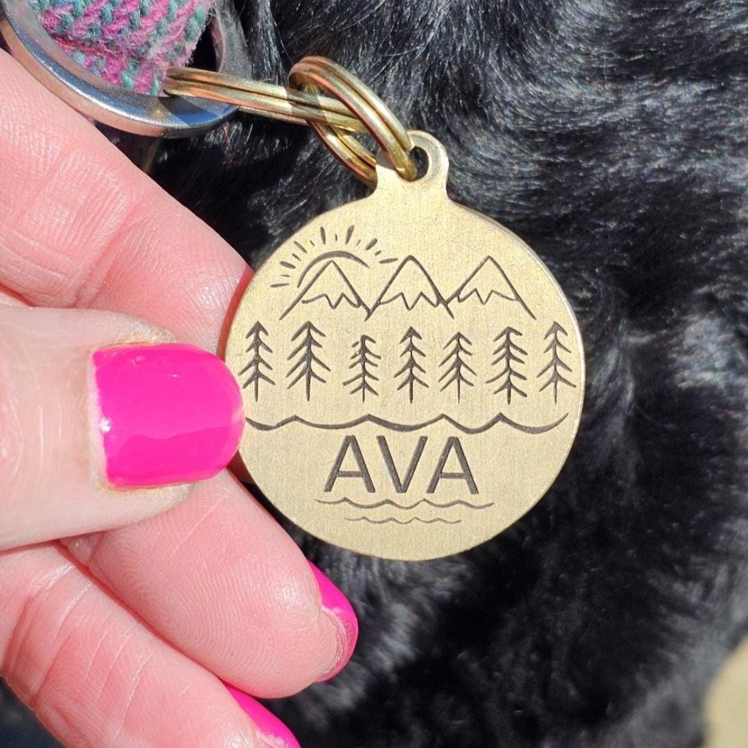 Engraved Solid Brass Pet ID Tag, Mountain Scene Tag.