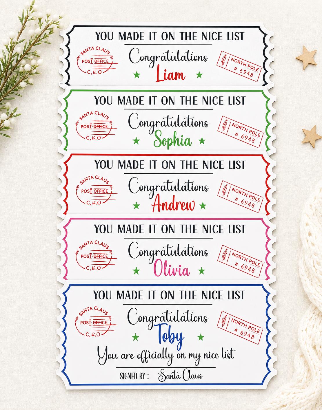 Personalised Christmas Nice List Printed Wooden Ticket: Christmas Eve Box Filler