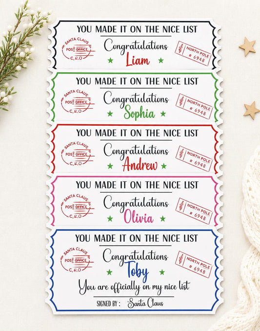 Personalised Christmas Nice List Printed Wooden Ticket: Christmas Eve Box Filler