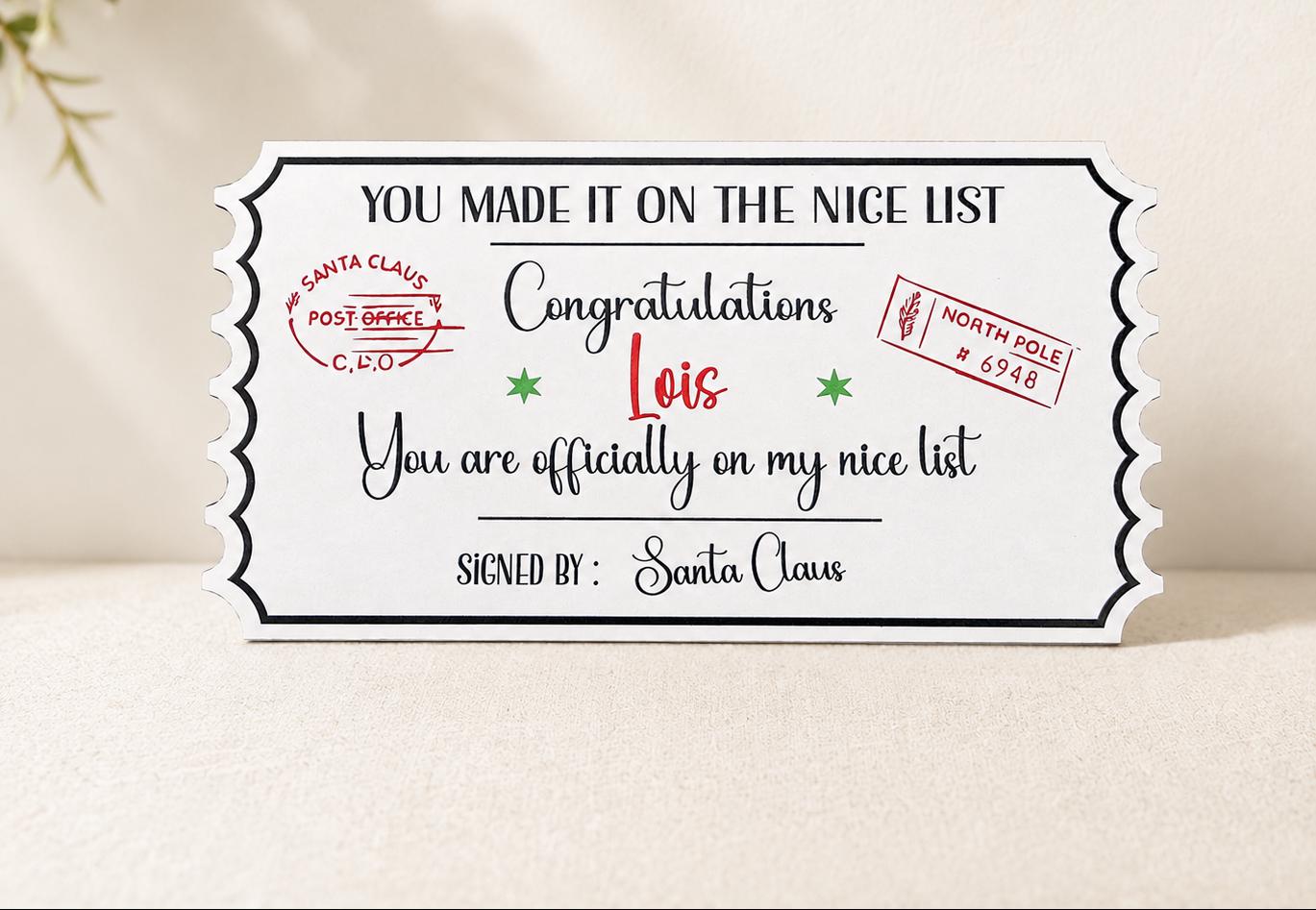 Personalised Christmas Nice List Printed Wooden Ticket: Christmas Eve Box Filler