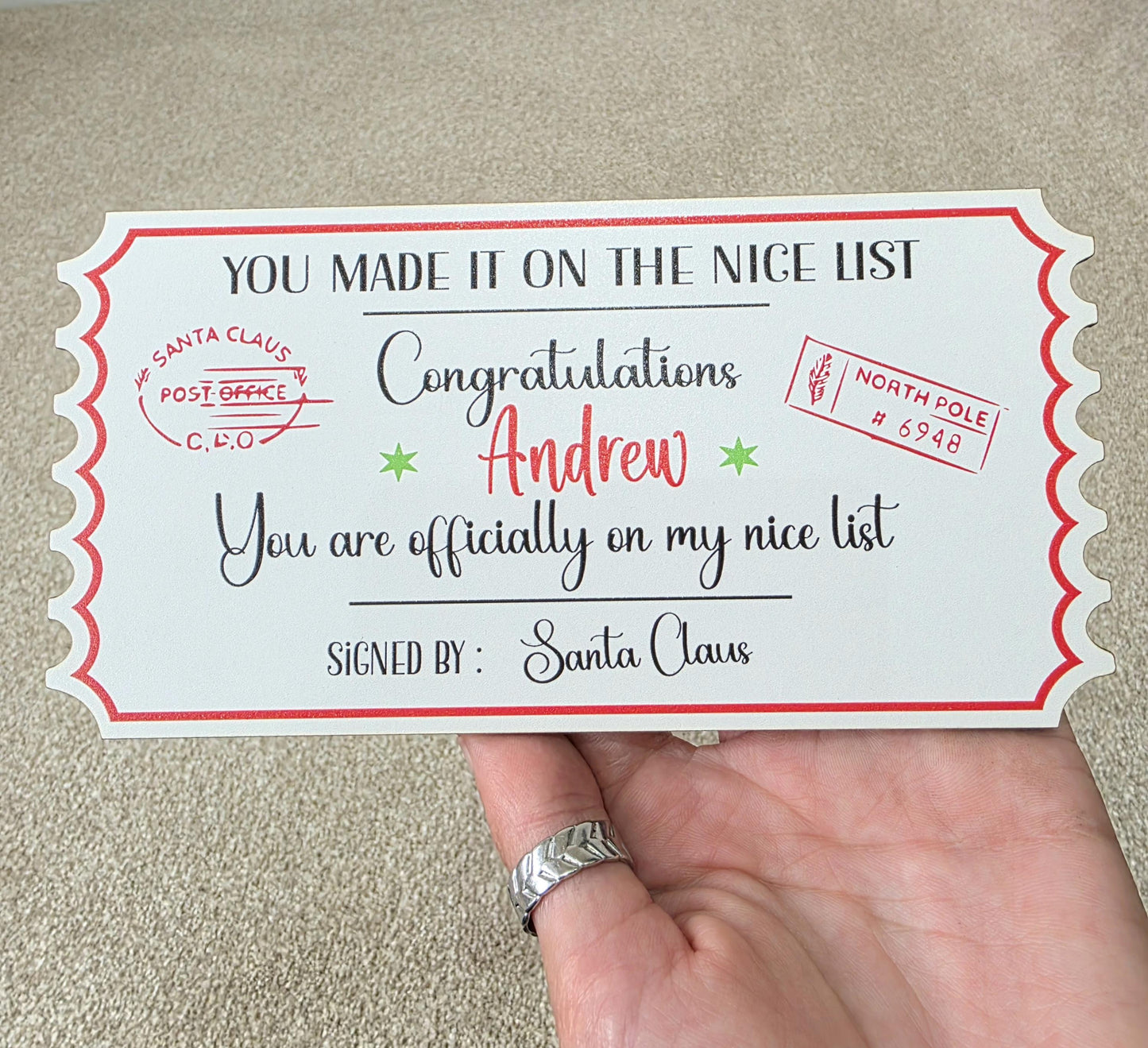 Personalised Christmas Nice List Printed Wooden Ticket: Christmas Eve Box Filler