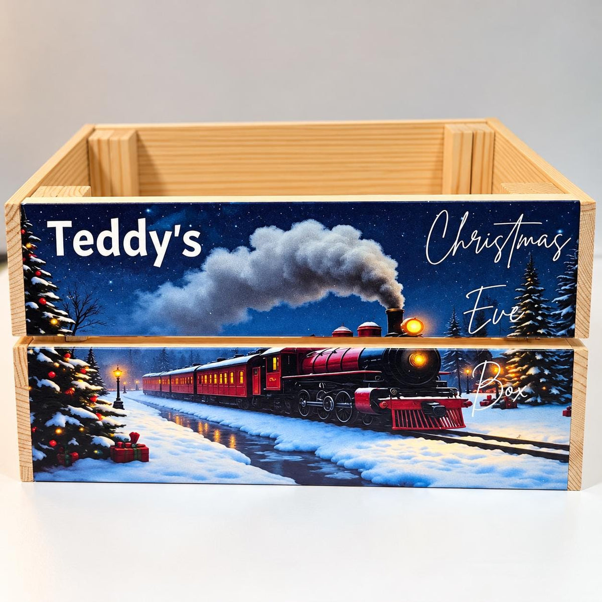 Personalised Christmas Eve Wooden Crate – Christmas Train Design