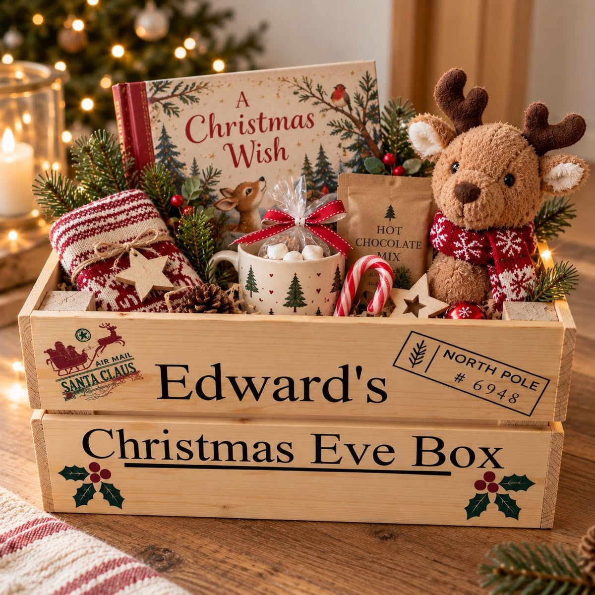 Personalised Wooden Christmas Eve Box, Kids Christmas Crate, Personalised Christmas Box, Santa Gift Crate,