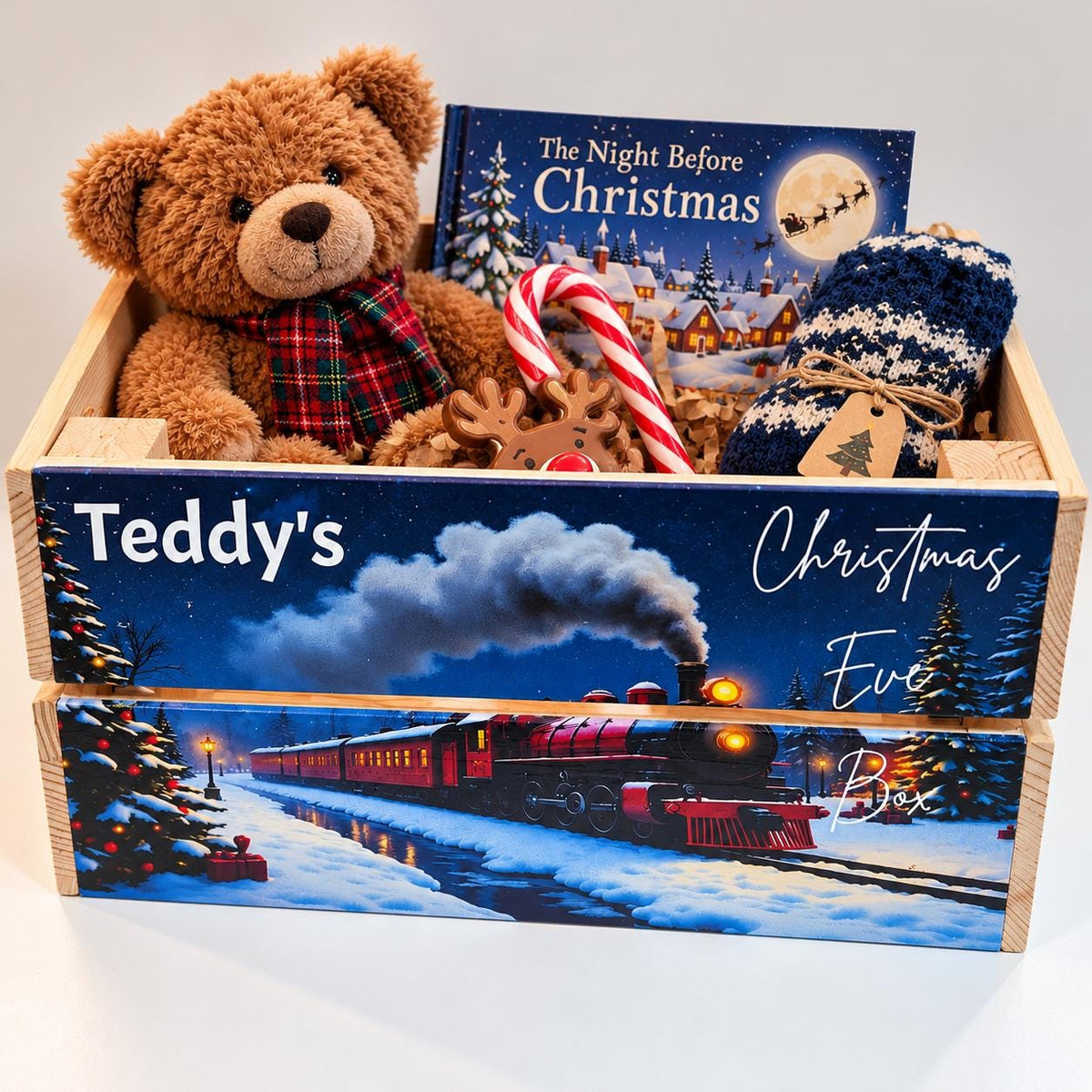 Personalised Christmas Eve Wooden Crate – Christmas Train Design