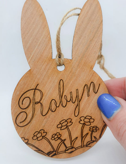Personalised Bunny Rabbit Easter Basket Name Tag, Wooden Easter Decoration, Child's Easter Gift - Slice of Wild