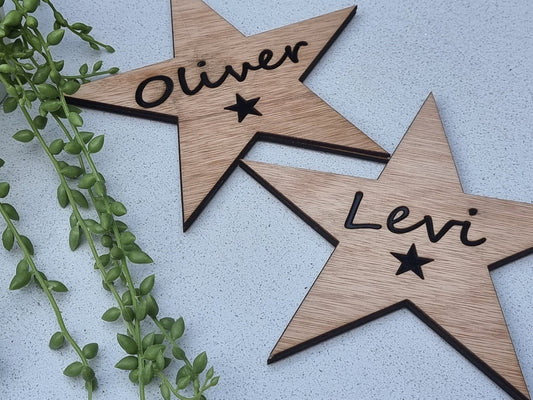 Personalised Wooden Hollywood Star with Name inlayed with acrylic - Plaque Sign Tag - Slice of Wild