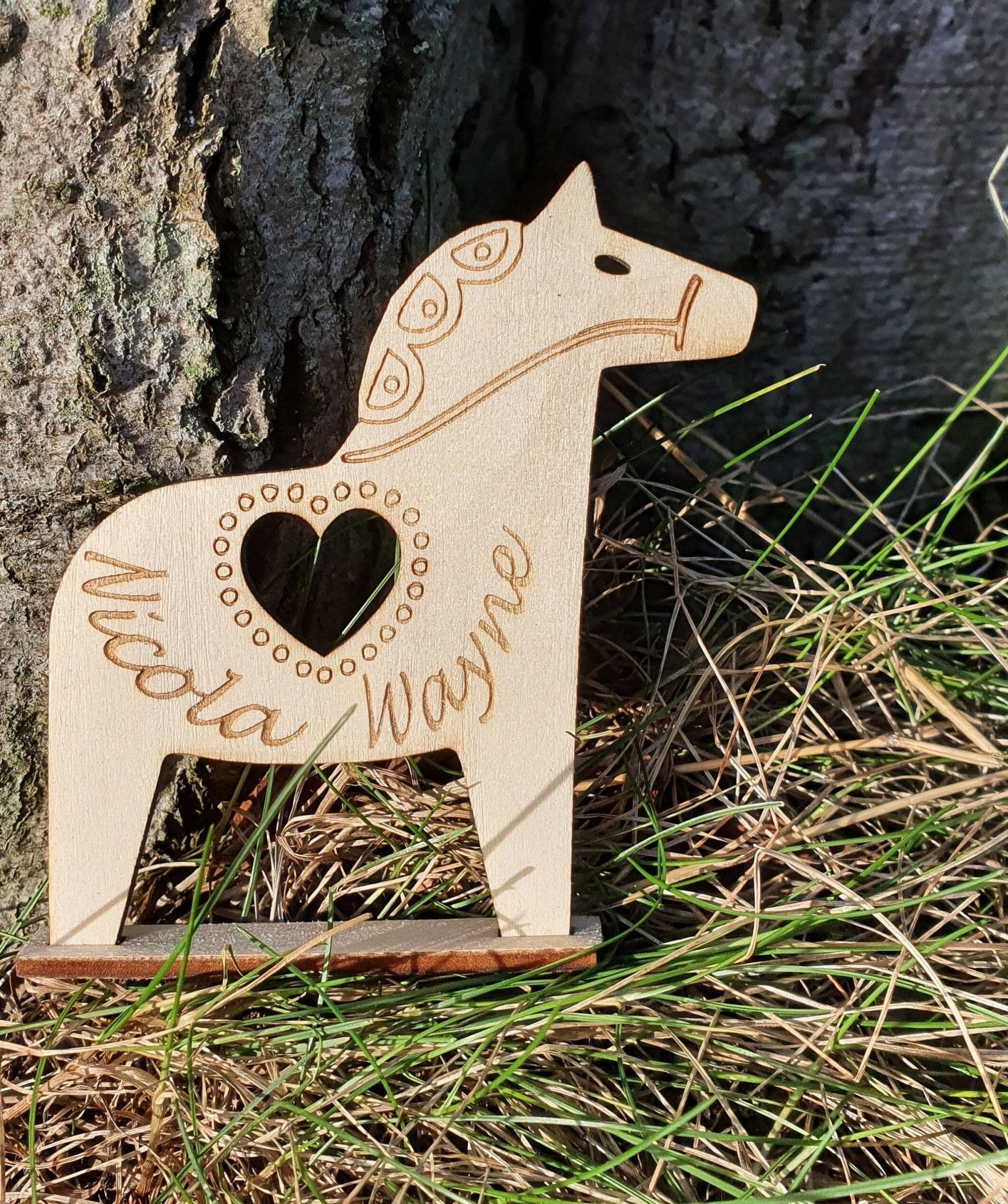 Scandi wooden Dala horse, Personalised wooden keepsake, laser cut wooden decoration - Slice of Wild